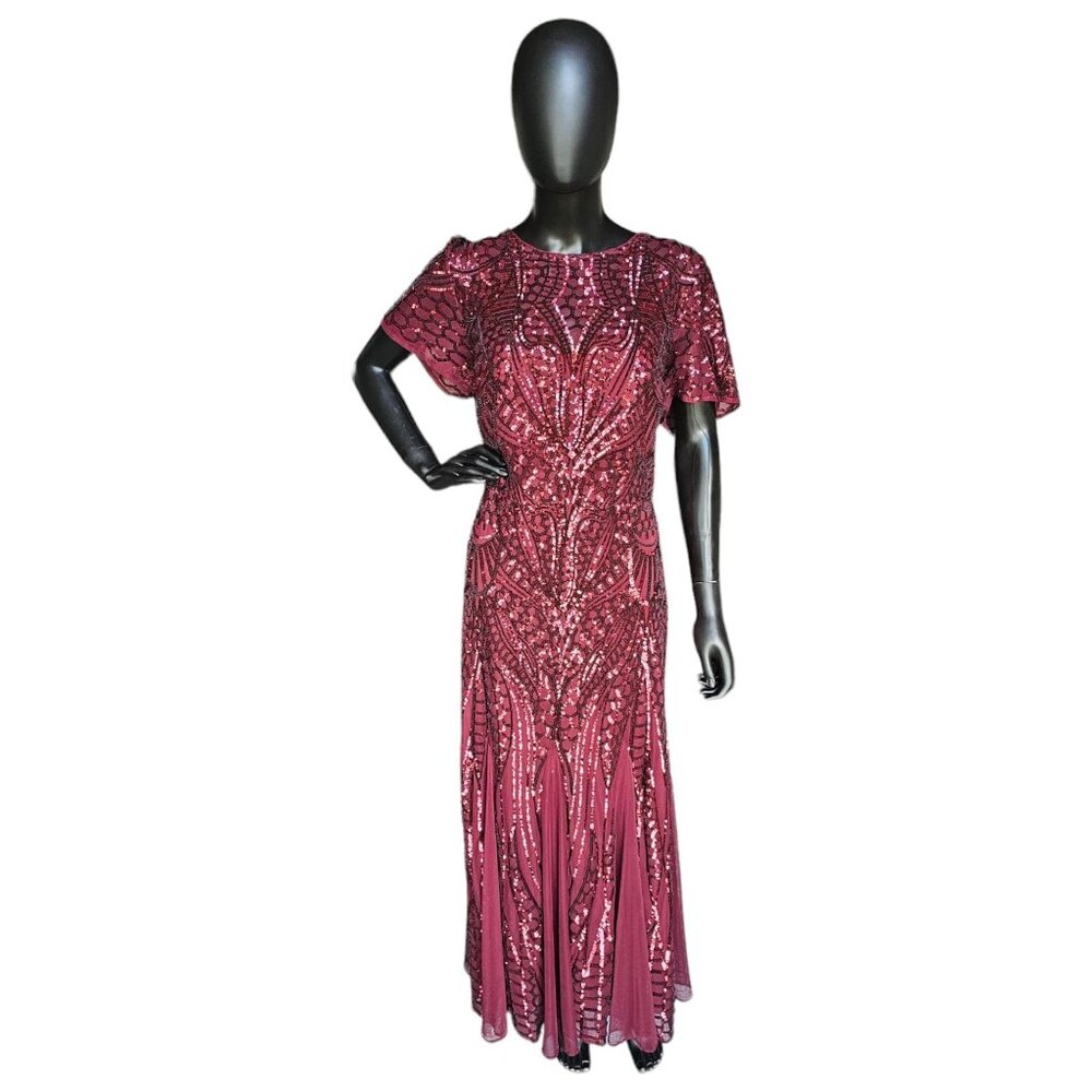 Red Sequin Flutter Sleeve Formal Gown